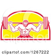 Poster, Art Print Of Retro Bearded Muscular Male Bodybuilder Squatting With A Barbell In A Red White And Yellow Shield