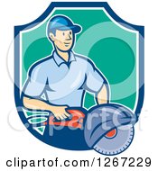 Poster, Art Print Of Cartoon White Male Construction Worker Holding A Concrete Saw In A Blue White And Turquoise Shield