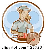Poster, Art Print Of Cartoon Donkey Man Woker Holding A Concrete Saw In A Brown White And Blue Circle