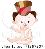 Cute Caucasian New Year Baby Boy Sitting In A Top Hat And Waving
