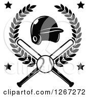 Poster, Art Print Of Black And White Baseball And Crossed Bats With A Helmet In A Wreath And Stars