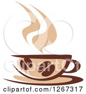 Two Toned Tan And Brown Steamy Coffee Cup With Beans On A Saucer