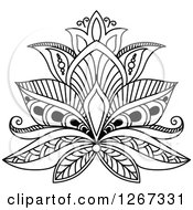 Clipart Of A Black And White Beautiful Henna Lotus Flower 3 Royalty Free Vector Illustration
