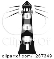Clipart Of A Black And White Woodcut Shining Lighthouse Royalty Free Vector Illustration