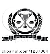 Poster, Art Print Of Black And White Trophy With Crossed Hockey Sticks And Pucks In A Circle And Laurel Wreath Over A Blank Banner
