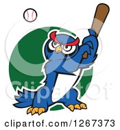 Poster, Art Print Of Cartoon Blue Owl Baseball Player Batting Over A Green Circle