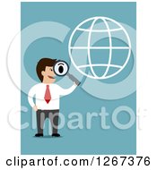 Poster, Art Print Of Businessman Using A Magnifying Glass On A Wire Globe Over Blue