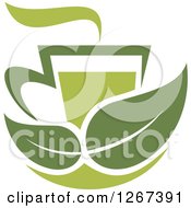 Clipart Of A Two Toned Steamy Hot Green Tea Cup And Green Leaves Royalty Free Vector Illustration