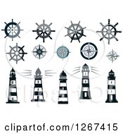 Poster, Art Print Of Nautical Lighthouses Compass Roses And Steering Wheel Helms