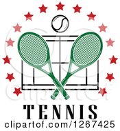 Poster, Art Print Of Ball And Crossed Green Tennis Rackets Over A Court With Red Stars And Text
