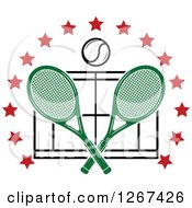 Poster, Art Print Of Ball Over Crossed Green Tennis Rackets And A Court In A Ring Of Red Stars