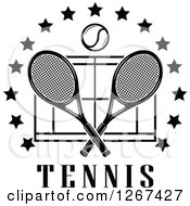 Poster, Art Print Of Black And White Ball Over Crossed Tennis Rackets And A Court In A Ring Of Stars With Text
