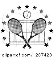 Poster, Art Print Of Black And White Ball Over Crossed Tennis Rackets And A Court In A Ring Of Stars