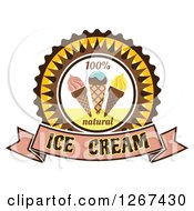 Clipart Of A Yellow And Brown Ice Cream Cone Badge With A Text Banner Royalty Free Vector Illustration