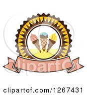 Clipart Of A Yellow And Brown Ice Cream Cone Badge With A Blank Banner Royalty Free Vector Illustration