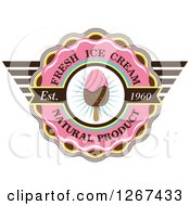 Clipart Of A Pink Yellow And Brown Ice Cream Popsicle Badge With Sample Text Royalty Free Vector Illustration