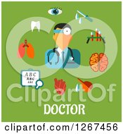Clipart Of A Male Doctor With Supplies And Organs Over Text On Green Royalty Free Vector Illustration