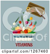 Knife And Cutting Board Dropping Chopped Veggies Into A Bowl Over Vitamins Text On Gray