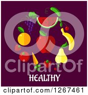 Clipart Of Fruit Over Healthy Text On Purple Royalty Free Vector Illustration