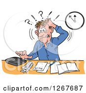 Poster, Art Print Of Frustrated White Male Bookkeeper Pulling His Hair And Using A Calculator At His Desk
