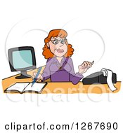 Clipart Of A Red Haired White Female Bookkeeper Using A Calculator At Her Desk Royalty Free Vector Illustration by LaffToon