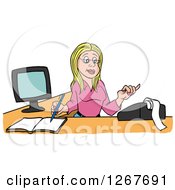 Blond White Female Bookkeeper Using A Calculator At Her Desk