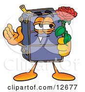 Suitcase Cartoon Character Holding A Red Rose On Valentines Day by Mascot Junction