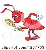Clipart Of A Red Ant Bending Over And Looking Through A Magnifying Glass Royalty Free Vector Illustration