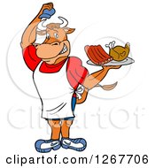 Poster, Art Print Of Chef Bull Lifting His Hat And Holding A Tray Of Ribs And Chicken