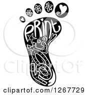 Clipart Of A Black And White Foot Print With Doodle Text Royalty Free Vector Illustration