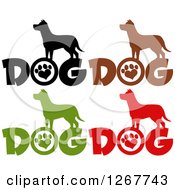 Clipart Of Silhouetted Canines Over DOG Text With Heart Shaped Paw Prints Royalty Free Vector Illustration