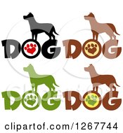 Clipart Of Silhouetted Canines Over DOG Text With Heart Shaped Paw Prints 2 Royalty Free Vector Illustration