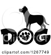 Poster, Art Print Of Black And White Silhouetted Canine Over Dog Text With A Heart Shaped Paw Print In The Letter O