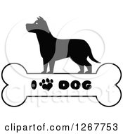Poster, Art Print Of Black And White Silhouetted Canine Over A Bone With I Love Dog Text And A Heart Shaped Paw Print