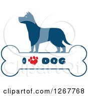 Blue Silhouetted Canine Over A Bone With I Love Dog Text And A Heart Shaped Paw Print