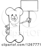 Black And White Happy Cartoon Bone Character Holding Up A Blank Sign