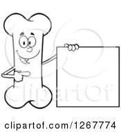 Black And White Happy Cartoon Bone Character Presenting A Blank Sign