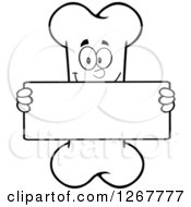 Black And White Happy Cartoon Bone Character Holding Up A Blank Sign