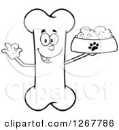 Black And White Happy Cartoon Bone Character Holding A Bowl Of Dog Food