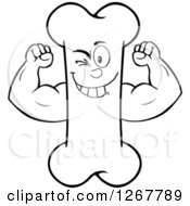 Clipart Of A Black And White Happy Cartoon Bone Character Flexing His Muscles Royalty Free Vector Illustration