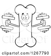 Clipart Of A Black And White Happy Cartoon Bone Character Working Out With Dumbbells Royalty Free Vector Illustration by Hit Toon
