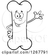Clipart Of A Black And White Happy Cartoon Bone Character Waving Royalty Free Vector Illustration by Hit Toon