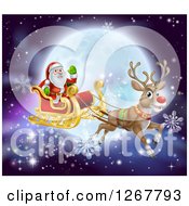 Poster, Art Print Of Red Nosed Reindeer Flying Santa In A Sleigh Over A Full Moon
