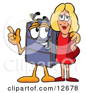 Suitcase Cartoon Character Talking To A Pretty Blond Woman by Mascot Junction
