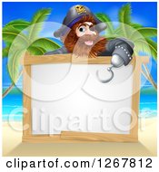 Poster, Art Print Of Male Pirate Pointing Down Over A Blank Sign With His Hook Hand On A Tropical Beach