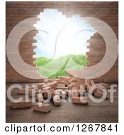 Poster, Art Print Of 3d Brick Wall With A Hole And View Of An Outdoor Landscape