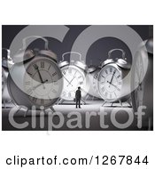 Poster, Art Print Of 3d Tiny Businessman Surrounded By Metal Alarm Clocks