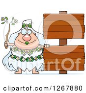 Poster, Art Print Of Happy Chubby Mother Nature Or Hippie Woman With Blank Wooden Signs
