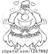 Clipart Of A Black And White Loving Chubby Mother Nature Or Hippie Woman With Open Arms Royalty Free Vector Illustration