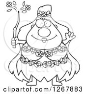 Poster, Art Print Of Black And White Friendly Waving Chubby Mother Nature Or Hippie Woman